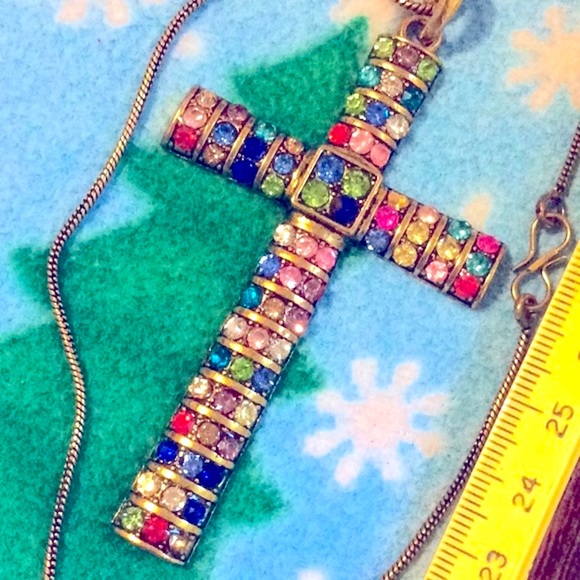 Crystal cross necklace 3” long rainbow sparkly bling colorful - Picture 1 of 3